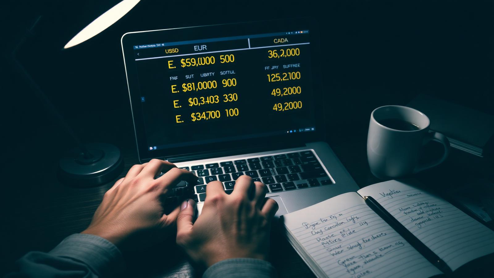 複数通貨のレートが並ぶノートPCと手書きノート。円だけでなくドル・ユーロ・カナダドルで考える日常。