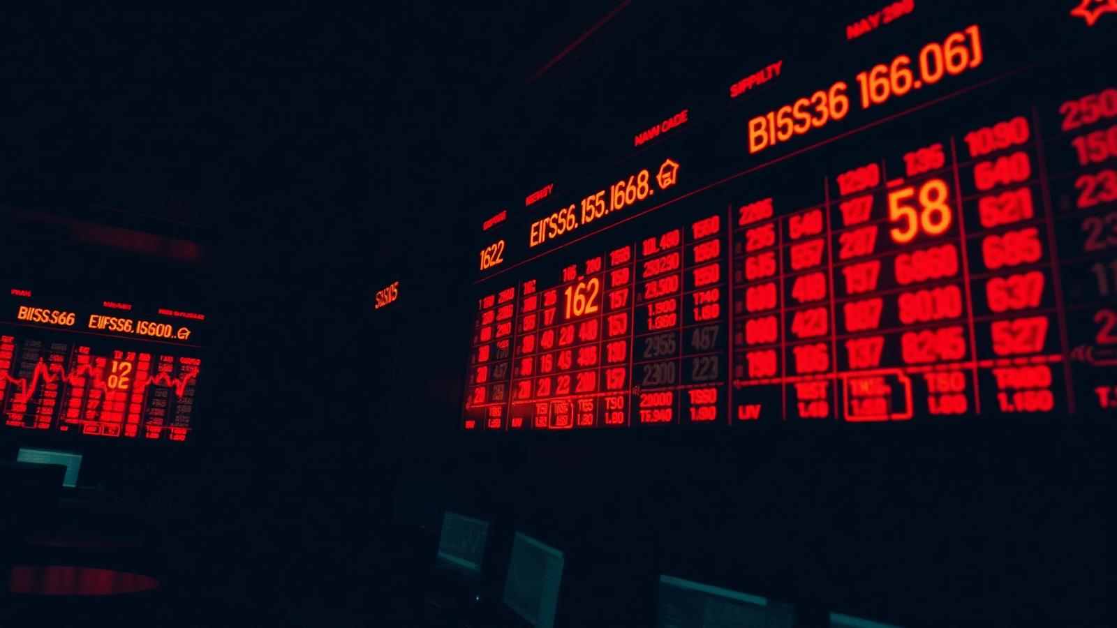 赤く光るトレーディングフロアの為替ボード。162円台で推移する円相場を象徴する一枚。